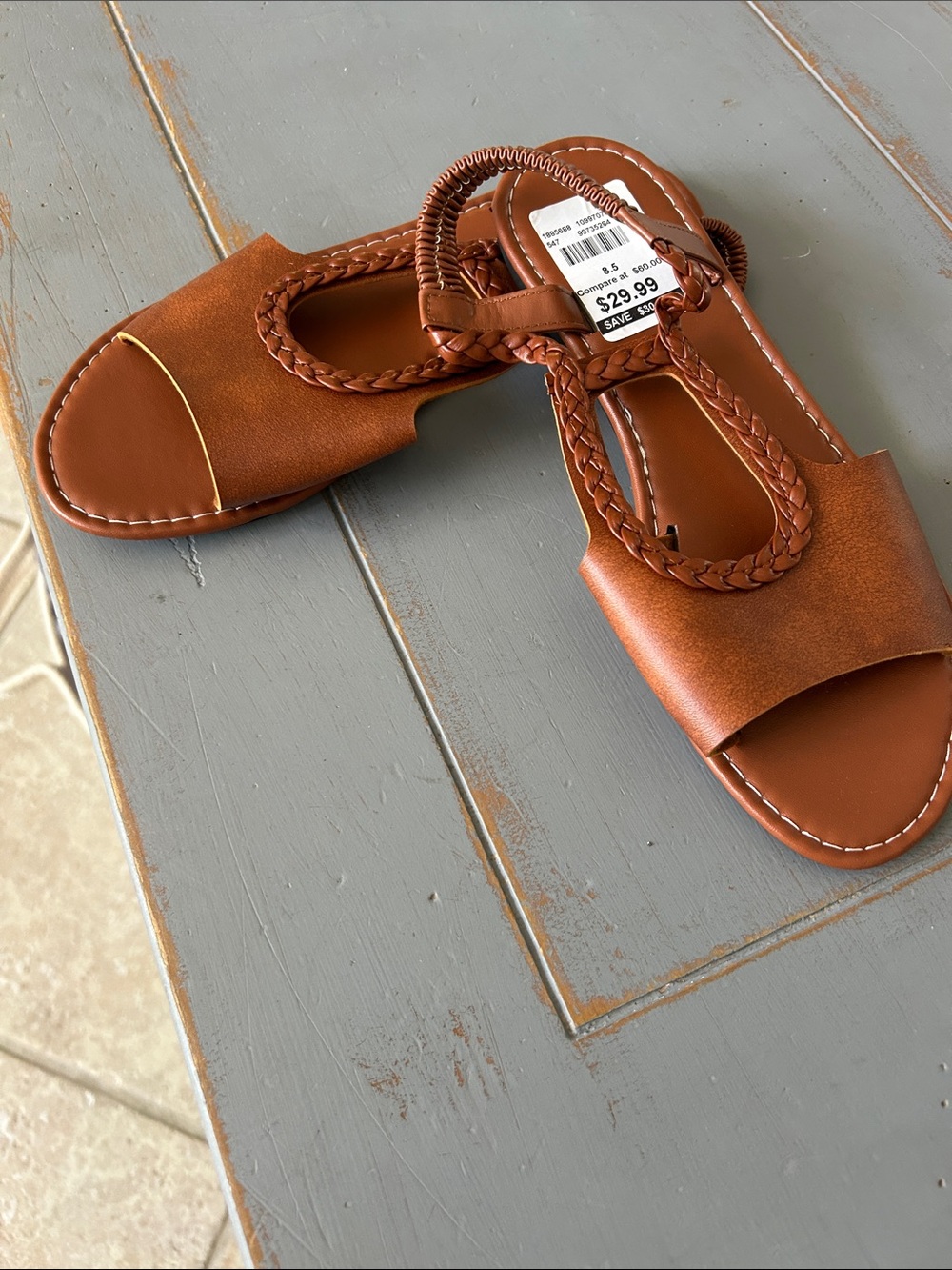 Tan Braided T-Straps Slide Sandals with back strap.